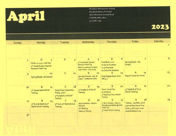 April Event Calendar in English
