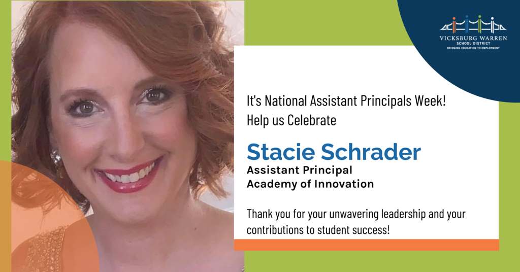 A colorful graphic with a photo of Stacie Schrader smiling .