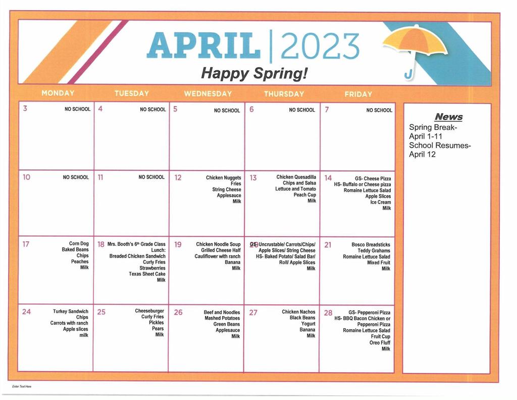 april lunch menu