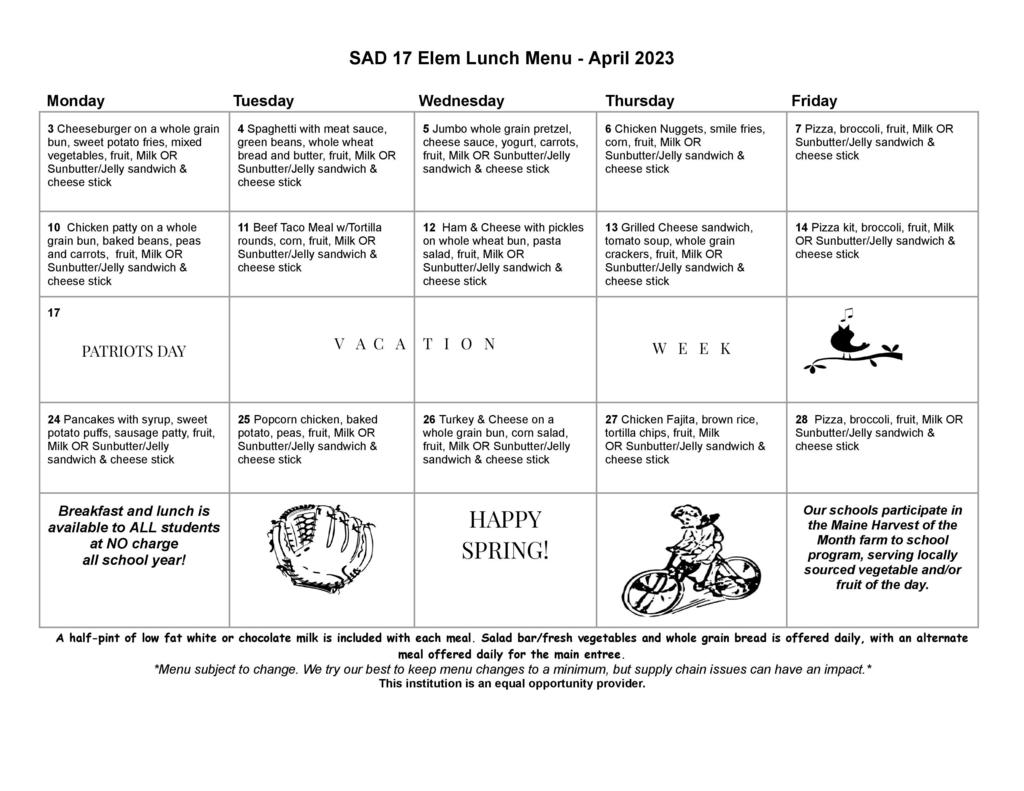 April Lunch Menu