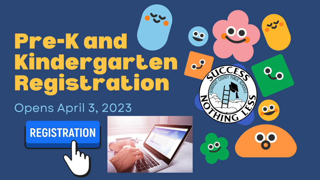 blue background with colorful shaped toys with faces on them and text that reads prek and kindergarten registration opens april 3 2023
