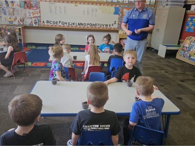 Webster preschoolers with Mr. Schmitz planted sunflower seeds after reading the book "Plant the Tiny Seed"!