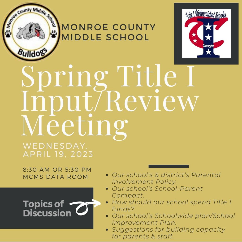 Spring Title I Input/Review Meeting Wednesday 4.19 830 or 530 in the data room - Our school's & district’s Parental Involvement Policy Our school’s School-Parent Compact How should our school spend Title 1 funds? Our school’s Schoolwide plan/School Improvement Plan Suggestions for building capacity for parents & staff