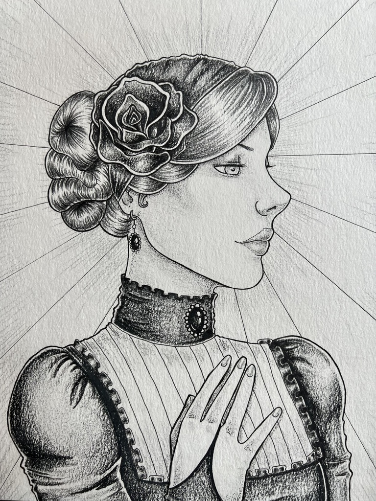 A black and white drawing of a woman