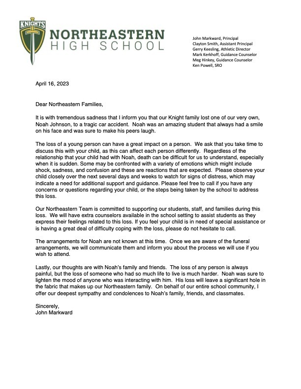 Tragic loss of NHS Senior Noah Johnson