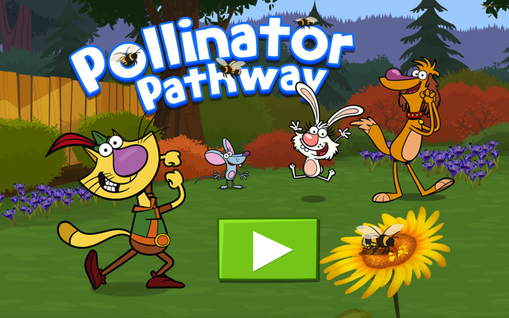 Pollinator Pathway graphic has cartoon drawing of bees, a cat, mouse, rabbit, dog, flowers and backyard.