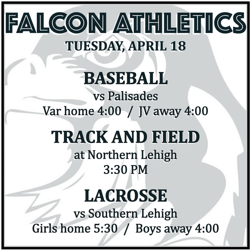 BASEBALL vs Palisades: Var home 4:00, JV away 4:00. TRACK AND FIELD at Northern Lehigh: 3:30 PM. LACROSSE vs Southern Lehigh: Girls home 5:30, Boys away 4:00.