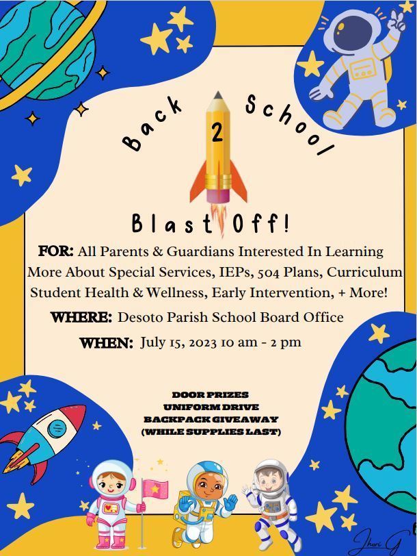 All parents & guardians interested in learning more about special services, IEPs, 504 plans, curriculum, student health & wellness, early intervention, + more! Please join us @ the DeSoto Parish School Board Office on July 15, 2023 from 10am - 2pm!