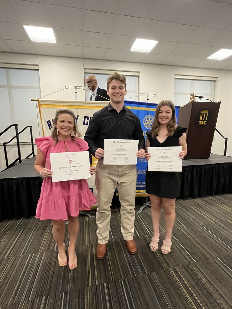 Legacy teacher of the year Abby McCarty and Legacy students Luke Youngblood and Hannah Smith with their Rotary Club certificates 