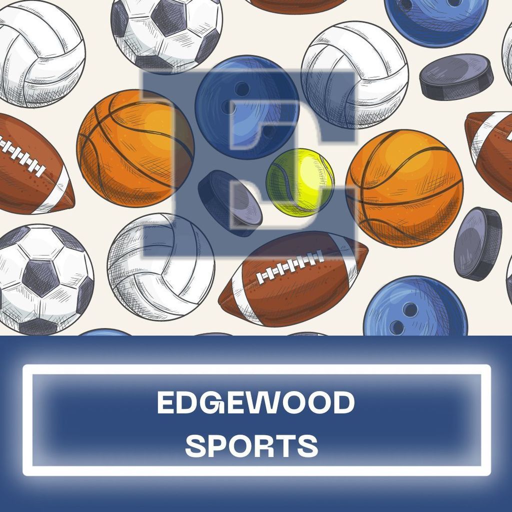 graphic with edgewood sports and the block e with various sports balls 