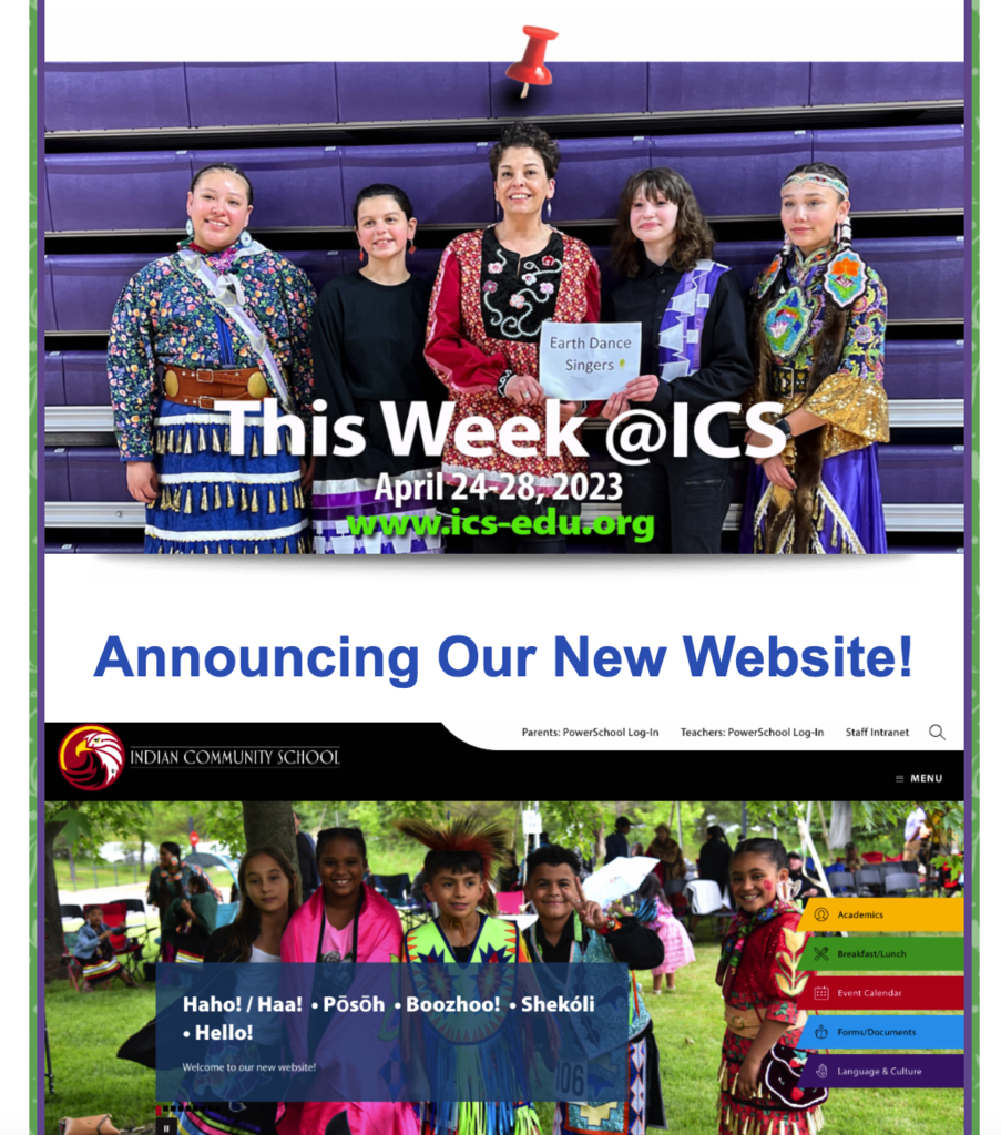 newsletter masthead with four student and a teacher plus an announcement about the school's new website.
