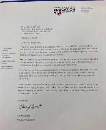 Letter announcing a donation from the Maryland State Department of Education