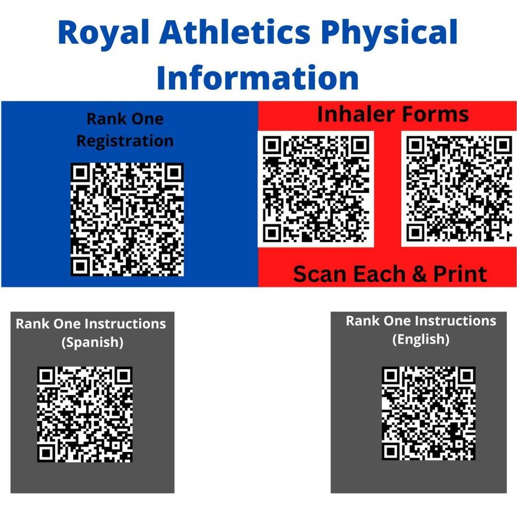Reminder! Athletics physicals will be offered from 2:30 β 6:00pm on Tuesday 4/25/23 at the RHS auxiliary gym. The cost is $20. Please submit all Athletic Physical Information Forms by April 25, 2023. Please utilize the attached QR codes to complete the required forms. Thank you!