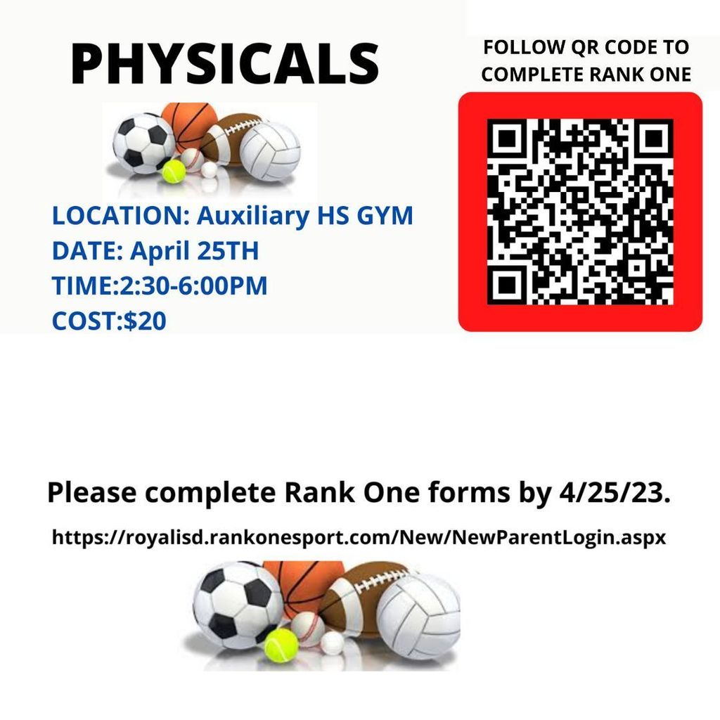 Reminder! Athletics physicals will be offered from 2:30 β 6:00pm on Tuesday 4/25/23 at the RHS auxiliary gym. The cost is $20. Please submit all Athletic Physical Information Forms by April 25, 2023. Please utilize the attached QR codes to complete the required forms. Thank you!