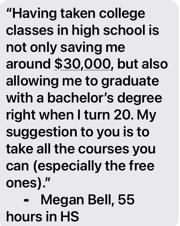 Megan took 55 college hours for free in high school, setting her up to graduate college with a bachelors degree by the age of 20! 