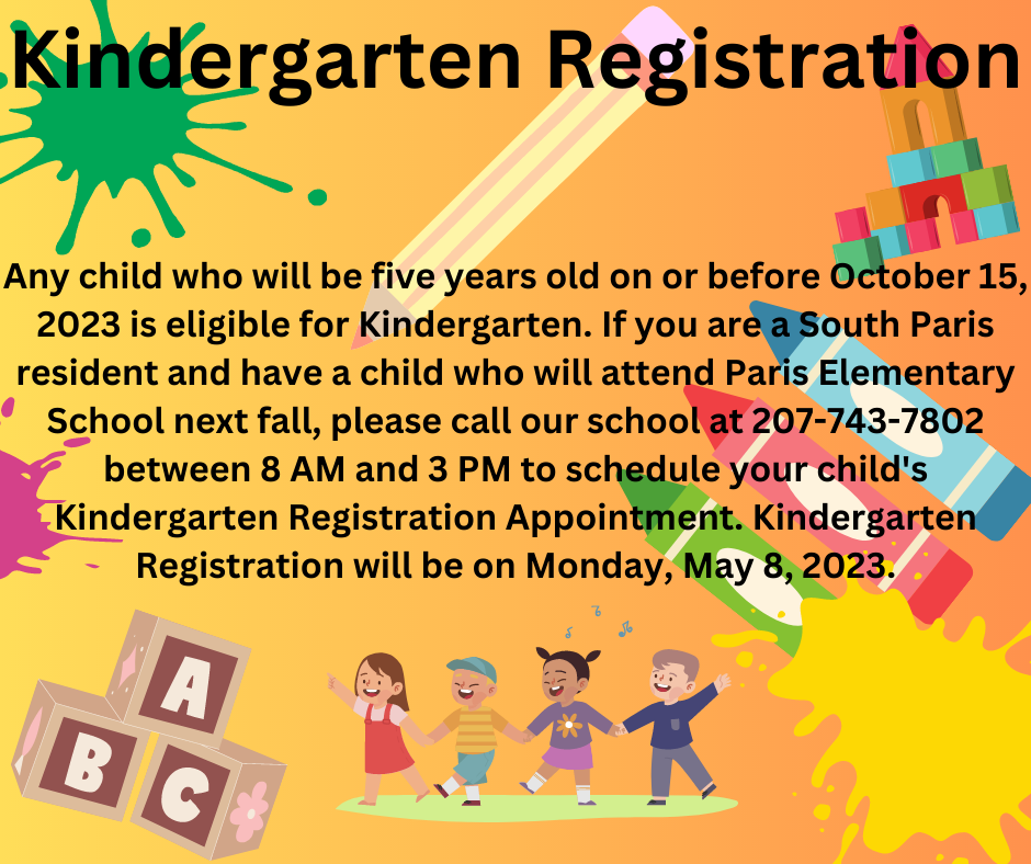 Kindergarten Registration is May 8th, please call the school for an appointment.