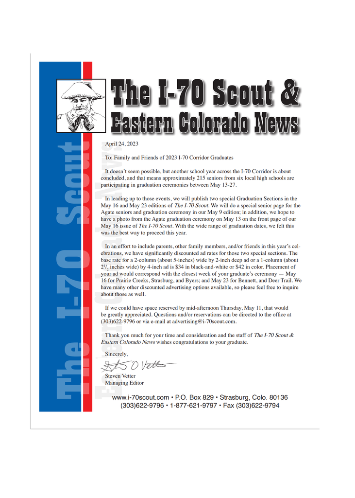 Letter from the I-70 Scout about senior grad ads. Sketch of a cowboy