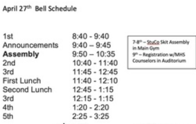 Assembly Schedule April 27