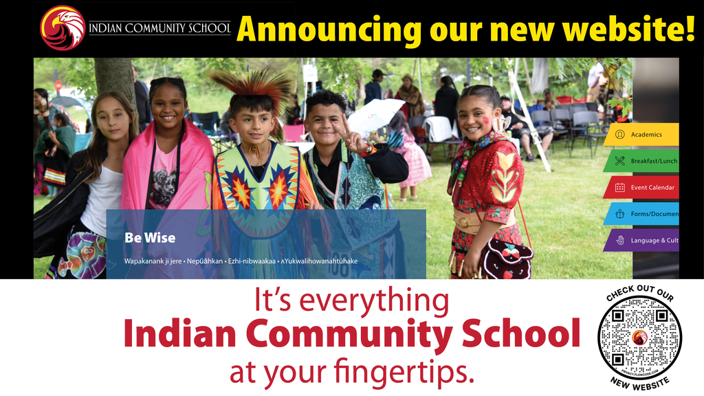 Announcement of the new ICS website has 5 students in regalia, smiling at the camera. The type says, "Announcing our new website!" "It's everything Indian Community School at your fingertips."