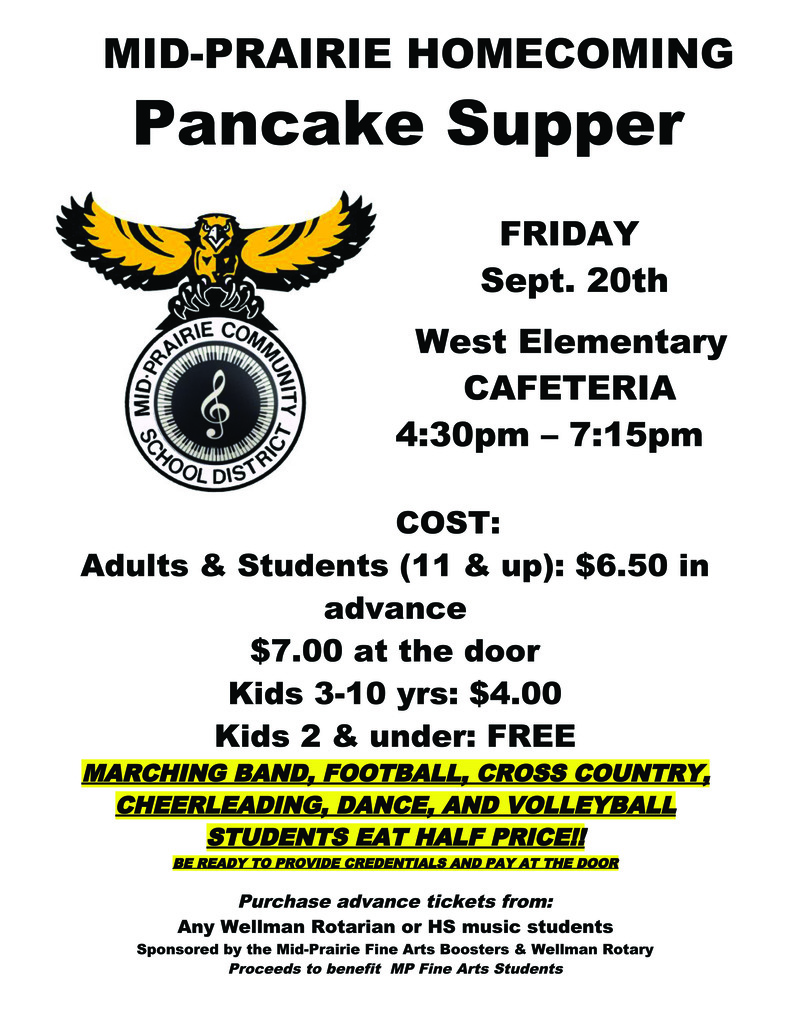 Fine Arts Booster announcement about pancake supper