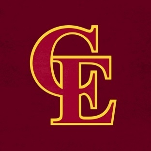 CE Logo with a maroon background, letters in red with a yellow outline