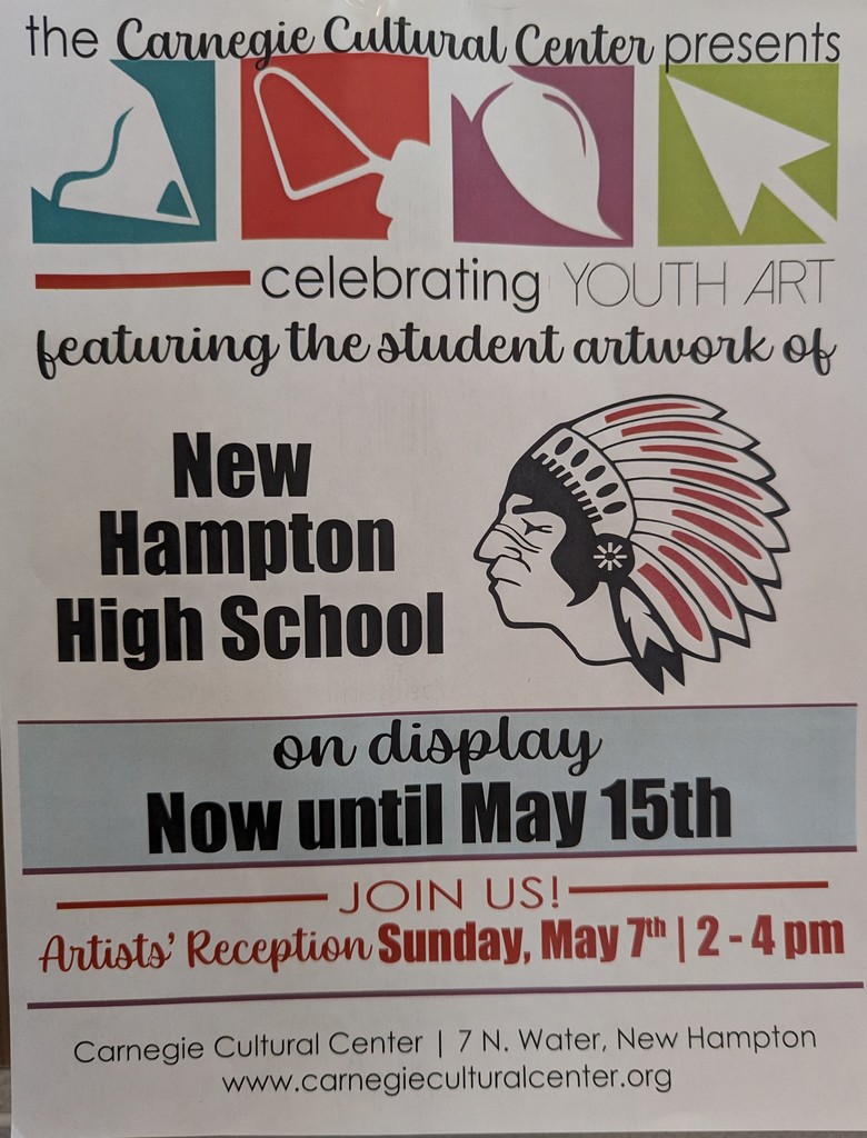 Carnegie Cultural Center is going to have an art show featuring New Hampton High School students’ artwork. Their artworks are on display from now to May 15. They are going to have an artists’ reception on Sunday afternoon, May 7, from 2 pm to 4 pm.