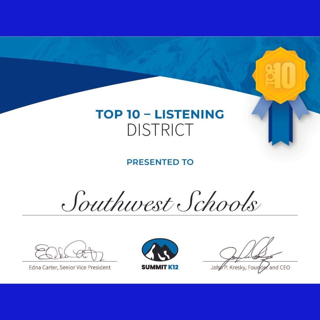 Congratulations Southwest Public Schools! On behalf of Summit K12’s founder and CEO, John Kresky, Southwest Public Schools has been recognized as a 2022-2023 Texas Top 10 ESL Districts of the Year for the Listening Domain - 4th Place! Winners are the top performers from over 500 Texas districts using Summit K12! Summit K12 appreciates Southwest Public School’s dedication and support in helping Accelerate Learning for Emergent Bilingual Students each day. Congratulations SWPS on this amazing achievement!