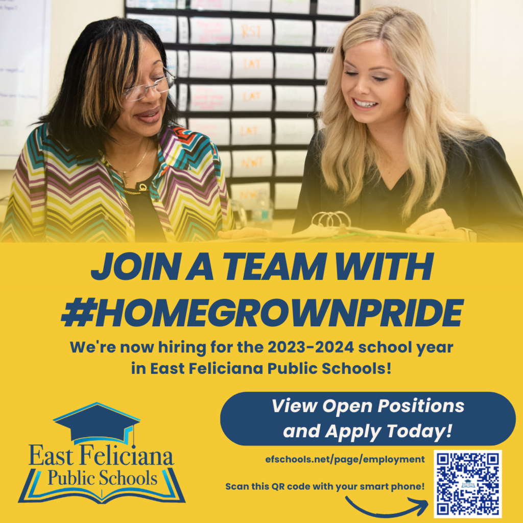 A picture of two people looking at data. Join a team with #HomegrownPride. We're now hiring for the 2023-2024 school year in East Feliciana Public Schools! View open positions and apply today! efschools.net/page/employment The East Feliciana Public Schools graduation cap logo.