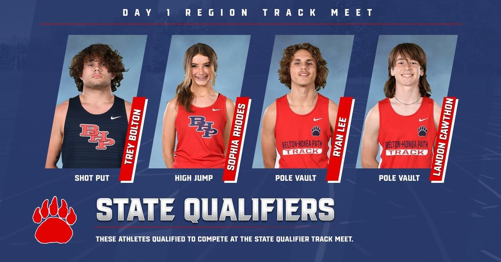 Congratulations to our Track athletes who qualified for the State Qualifier on Day 1 of the Region Track Meet. The top 4 in each event make the State Qualifier.  Caleb Crenshaw 2nd in Javelin (155 ft.) Lauren Darby 3rd in Javelin Natalie Boggs 4th in Javelin Jakeira Anderson 1st Discus and 3rd in Shot Put Cameron Darby 2nd in Shot Put and 4th in Discus Trey Bolton 4th in Shot Put Sophia Rhodes 4th in High Jump Ryan Lee 2nd in Pole Vault Landon Cawthon 4th in Pole Vault Boys 4x800 M got 4th – Gage Whitfield, Gage Pruitt, Cason Young and Austin Davenport