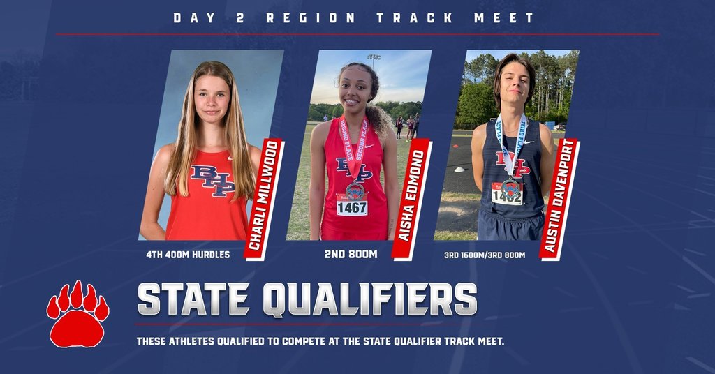 Congratulations to our Track athletes who qualified for the State Qualifier on Day 2 of the Region Track Meet. The top 4 in each event make the State Qualifier.   Brooklyn Williamson 2nd in 1600M and 3rd in the 3200M Sophia Rhodes 2nd in 400M Neely Holtzclaw 4th in 400M Charli Millwood 4th in 400M hurdles Aisha Edmond 2nd 800M Austin Davenport 3rd in 1600 M 3rd in 800 M Girls 4x100M 4th Arison Sullivan, Sophia Rhodes, Neely Holtzclaw, Jada Martin Girls 4x400M 2nd Sophia Rhodes, Aisha Edmond, Neely Holtzclaw, Elizabeth Dorriety