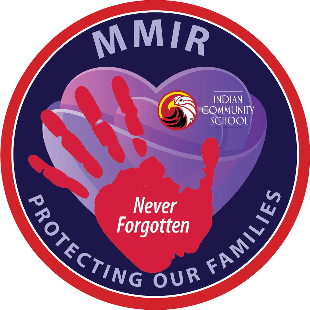 murdered and missing indigenous relatives round sticker with hearts, handprint and the ICS logo.