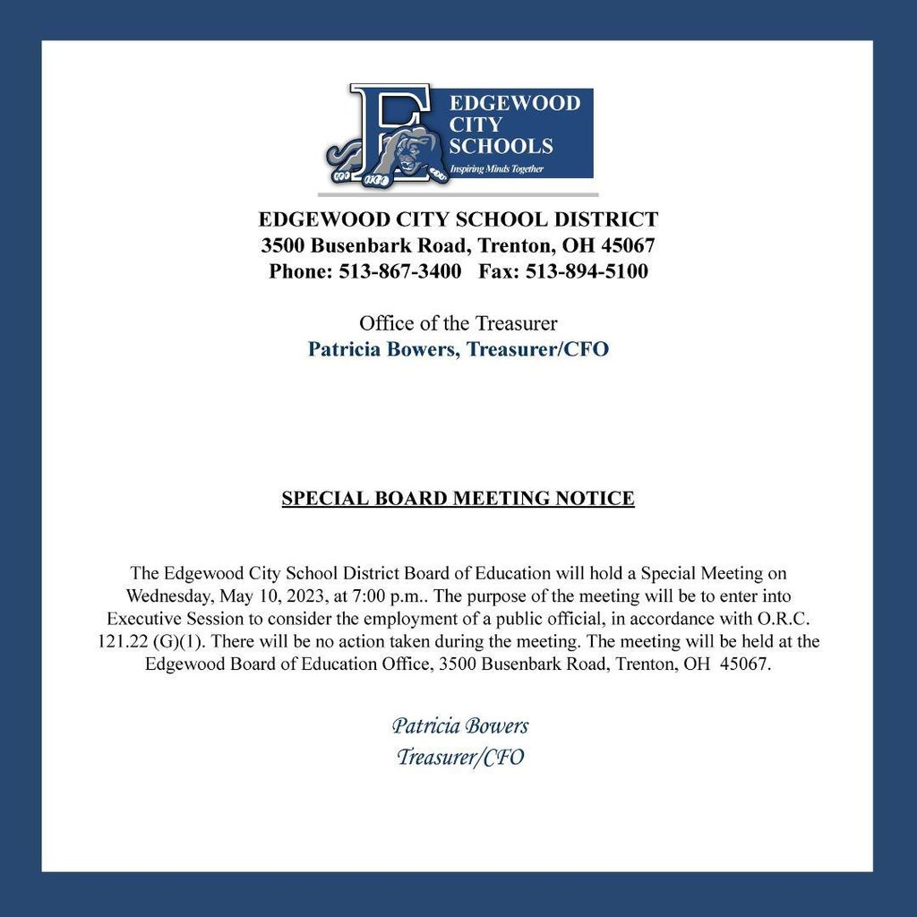 graphic about special board meeting May 10, 7:00 pm at the board of education office.