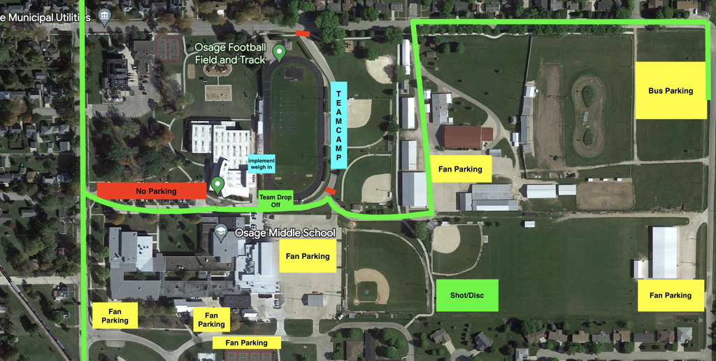 Good luck to our Varsity Girls and Boys Track & Field teams! The girls and Boys track & field district will start at 4 pm tonight at Osage High School. Here is a link to purchase your ticket. https://www.iahsaa.org/tickets/ Here is the picture that shows where you will park. Go Chickasaws!