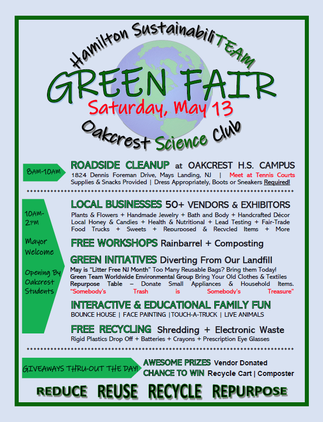 Rain or Shine, the Green Fair is from 10-2, Saturday May 13th at Oakcrest High School!