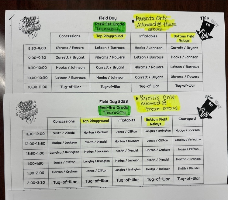 Field Day Schedule for Pre K-3rd Grades