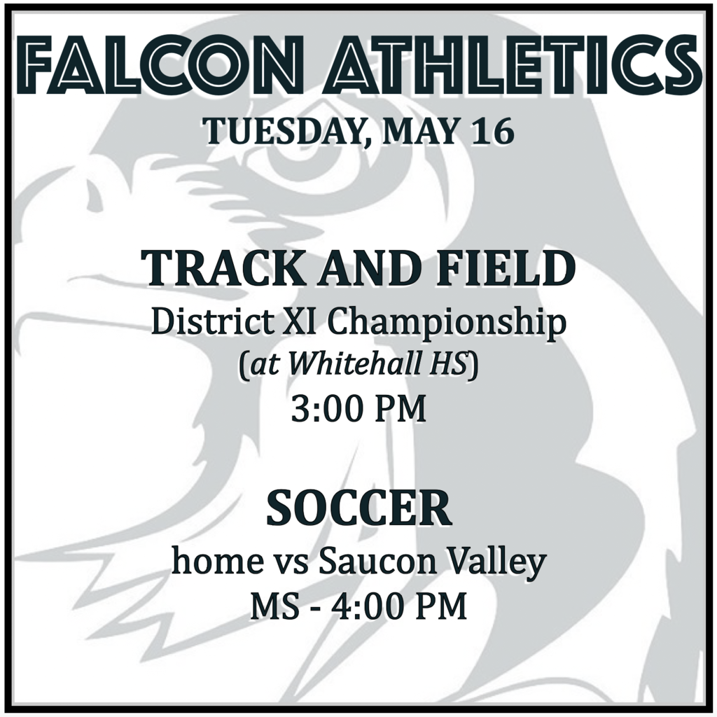 TRACK AND FIELD District XI Championship (at Whitehall HS): 3:00 PM. SOCCER home vs Saucon Valley: MS 4:00 PM.