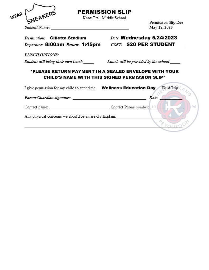 Grade 6 Permission Slip
