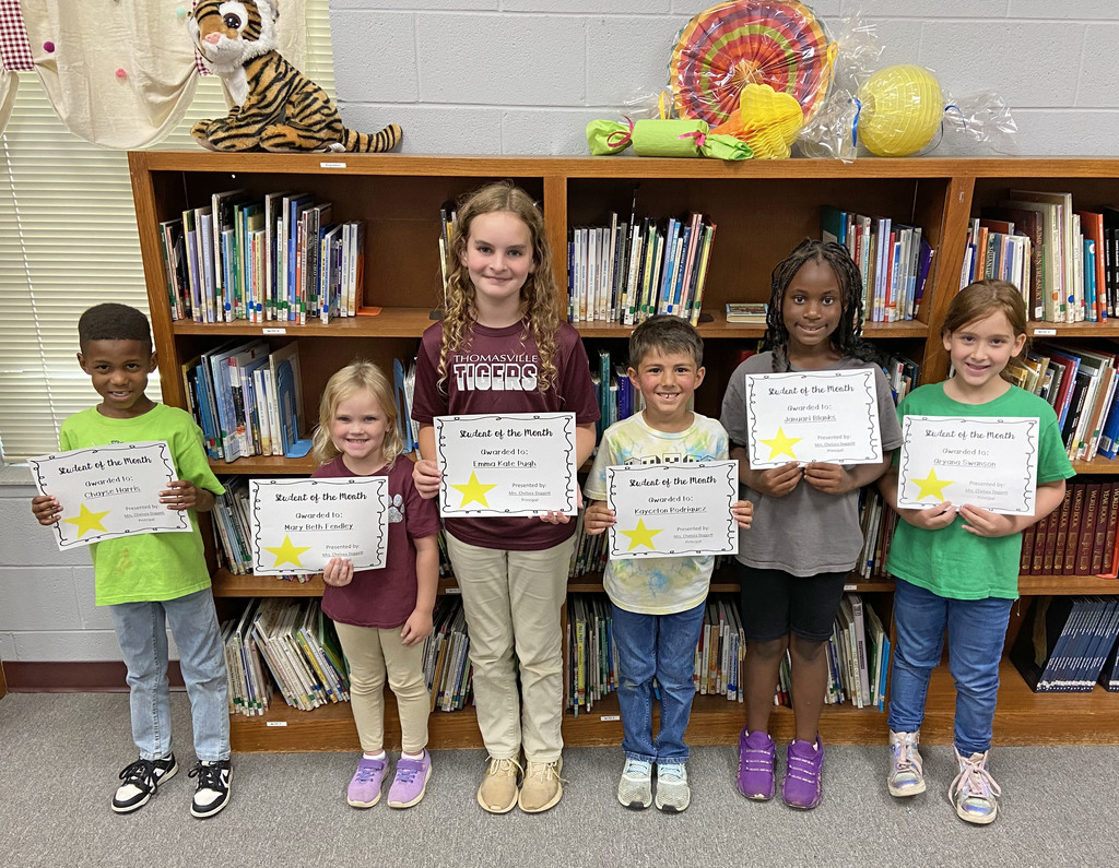 "Students of the Month" for May 2023 at Thomasville Elementary School have been chosen: Chayse Harris, kindergarten; Mary Beth Fendley, pre-K; Emma Kate Pugh, fourth grade; Kayceton Rodriguez, first grade; Januari Blanks, third grade; and Aryana Swanson, second grade.