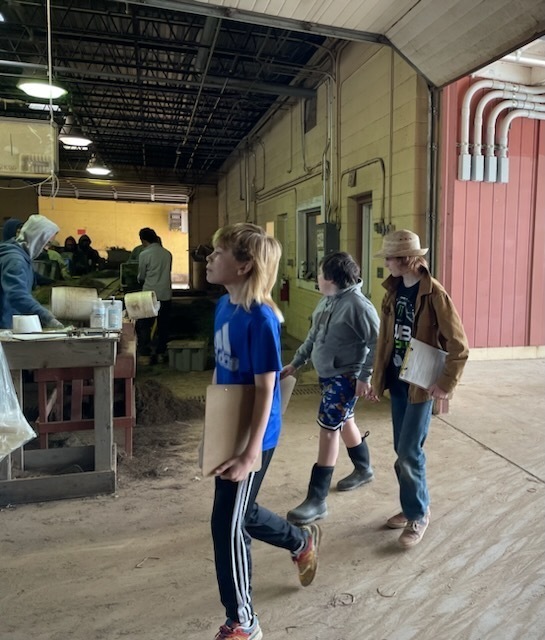 Three students walk in to the tree nursery area