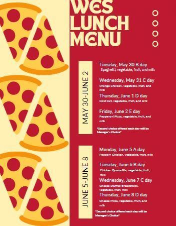 Lunch Menu for the last two week of school