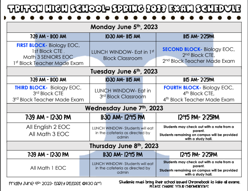 Reminder: THS spring 2023 Exam Schedule