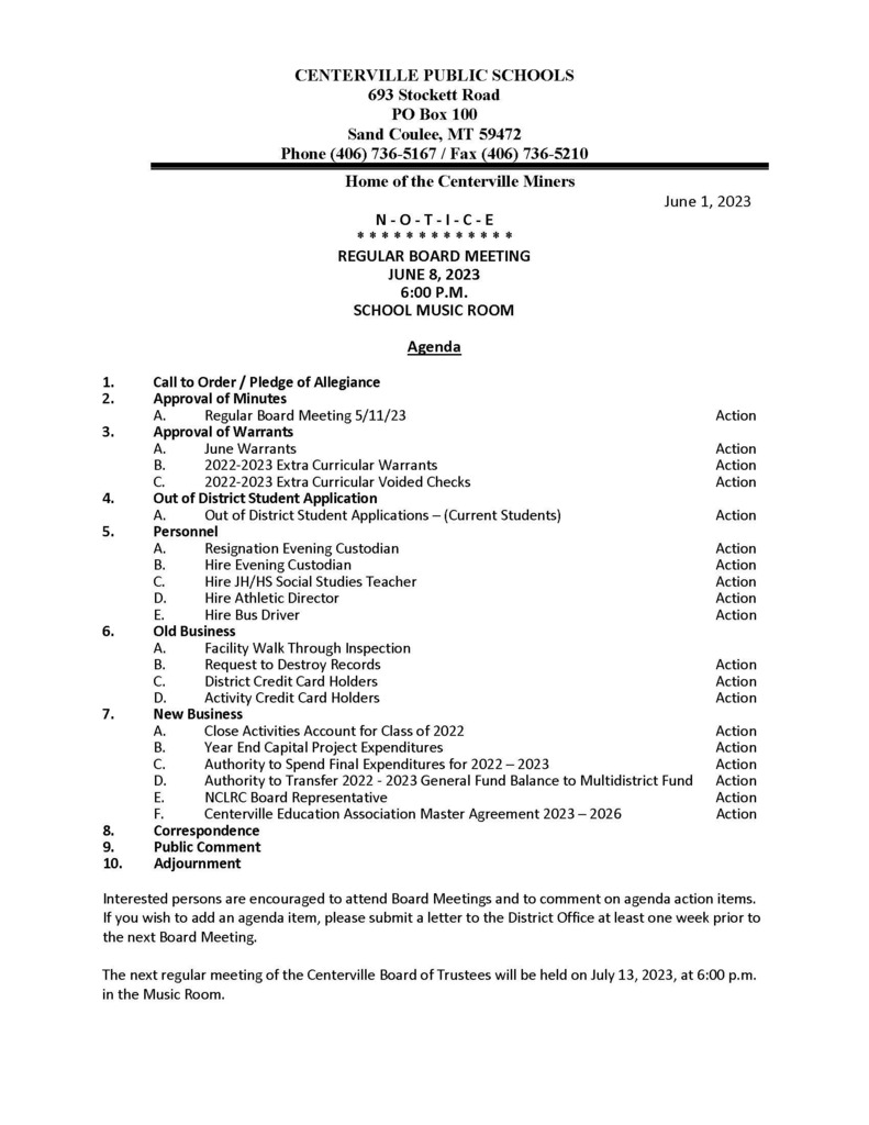 Board Mtg Agenda