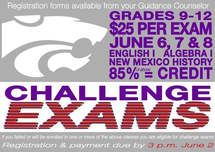 REGISTER BY FRIDAY – CHALLENGE EXAMS HELP RECAPTURE/EARN CREDITS FOR STUDENTS IN 9th-12th GRADES! Clovis Municipal Schools will be administering three Challenge Exams June 6-7-8, 2023, for any student who has failed, or will be registered for one or more of these courses, but believes he/she can demonstrate proficiency in the essential knowledge and skills defined for the courses. A passing score of no less than 85% is required to receive credit for these courses on the student’s high school transcript.
