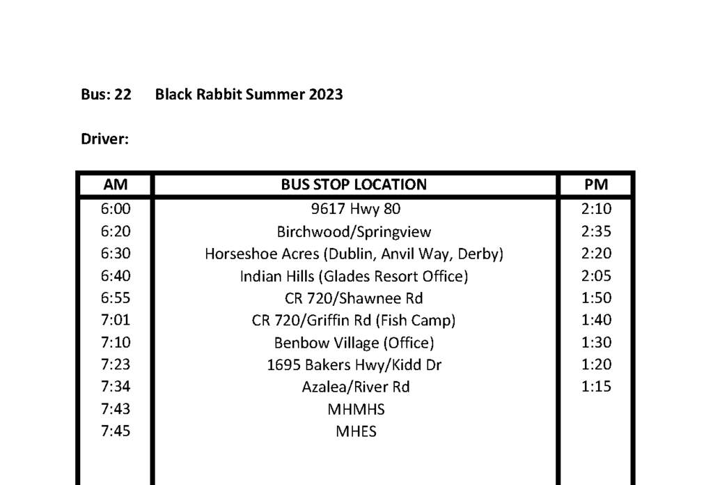 bus route sheet in excel format