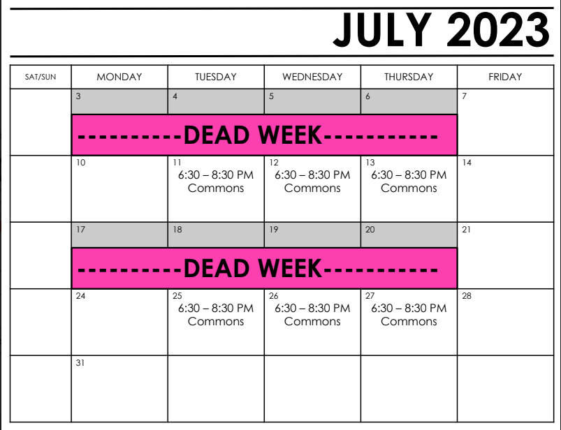 July Cheer Schedule 2023