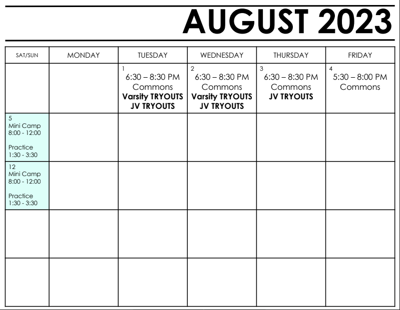 August Cheer Schedule 2023