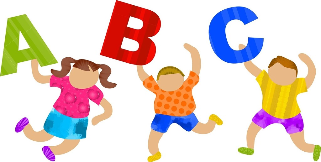 Students holding the letters A, B, and C