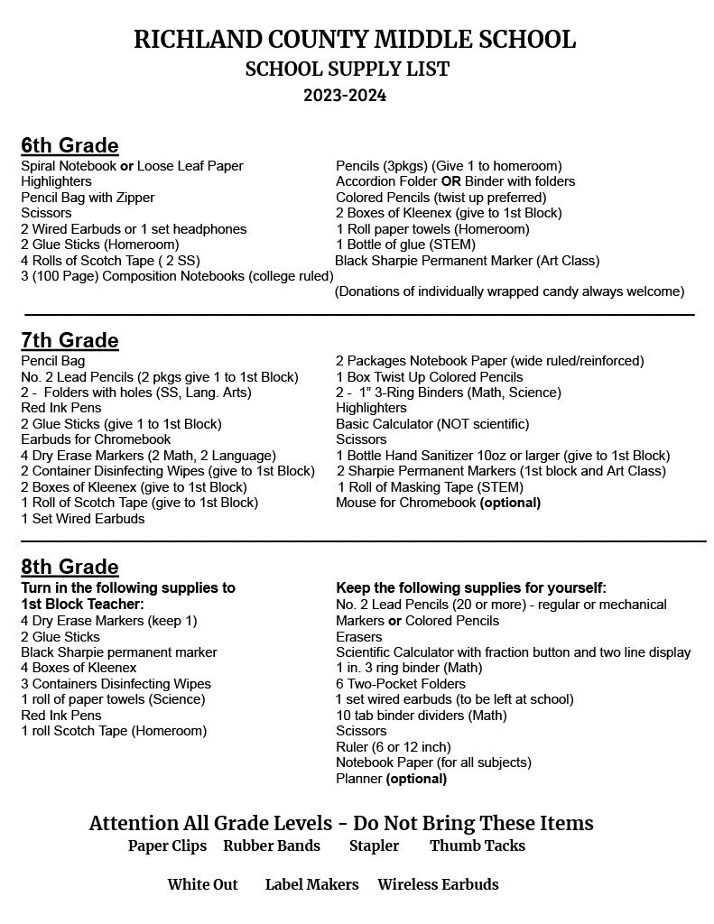 RCMS 2023-2024 School Supply List