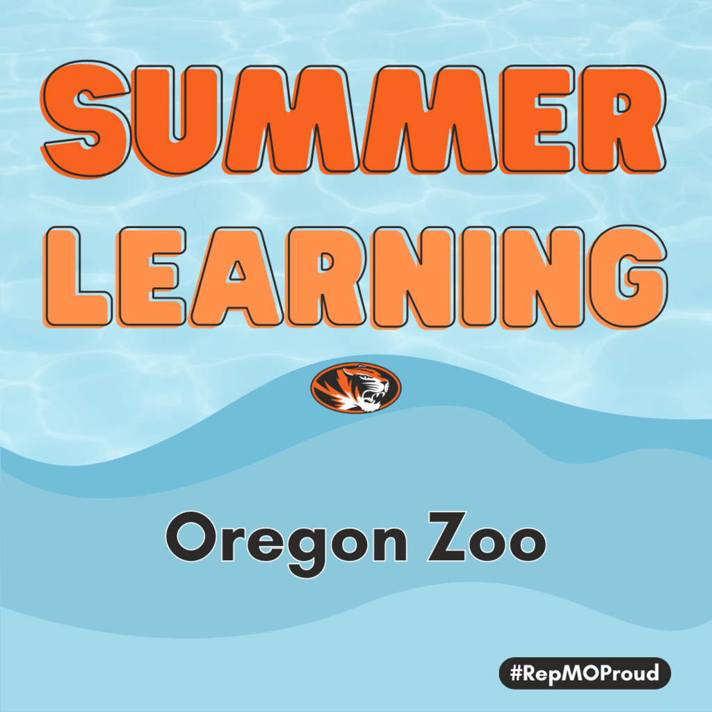 The words Summer Learning, with a blue background. The words "Oregon Zoo" are listed toward the bottom with a Tiger Head in the middle of the graphic.