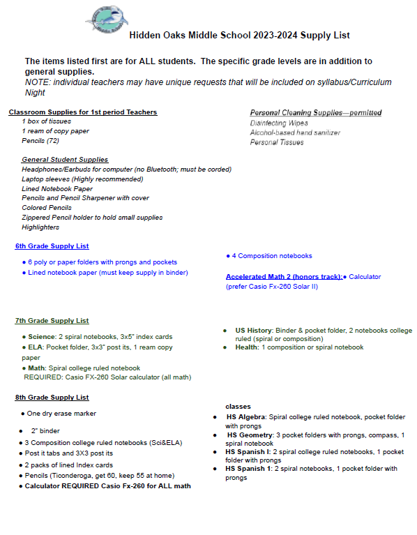 2023 2024 HOMS Supply List by Grade Level